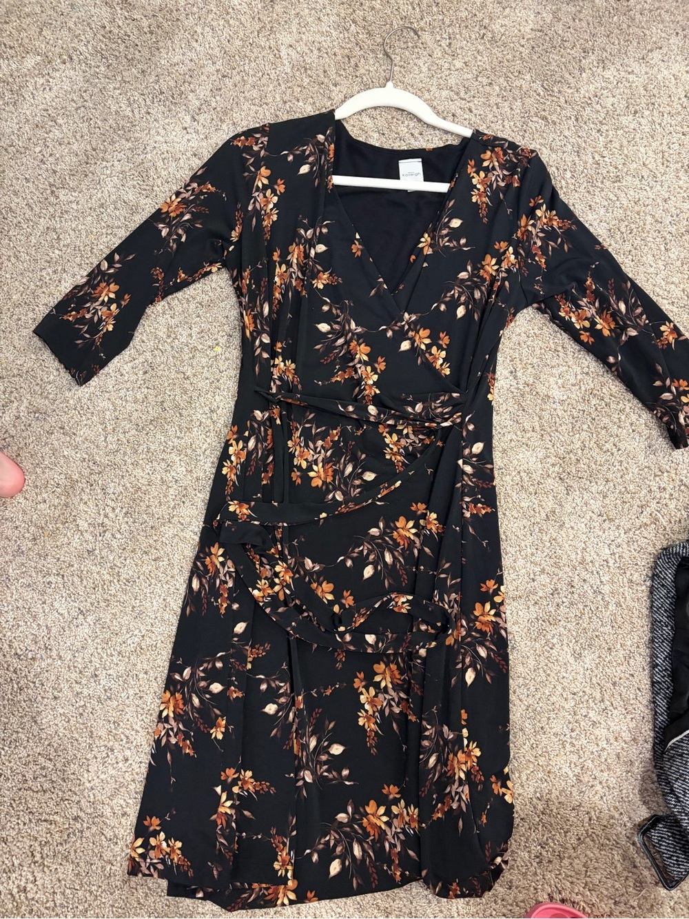 Kaileigh Black Floral Wrap Dress with Rust and Cream Blooms